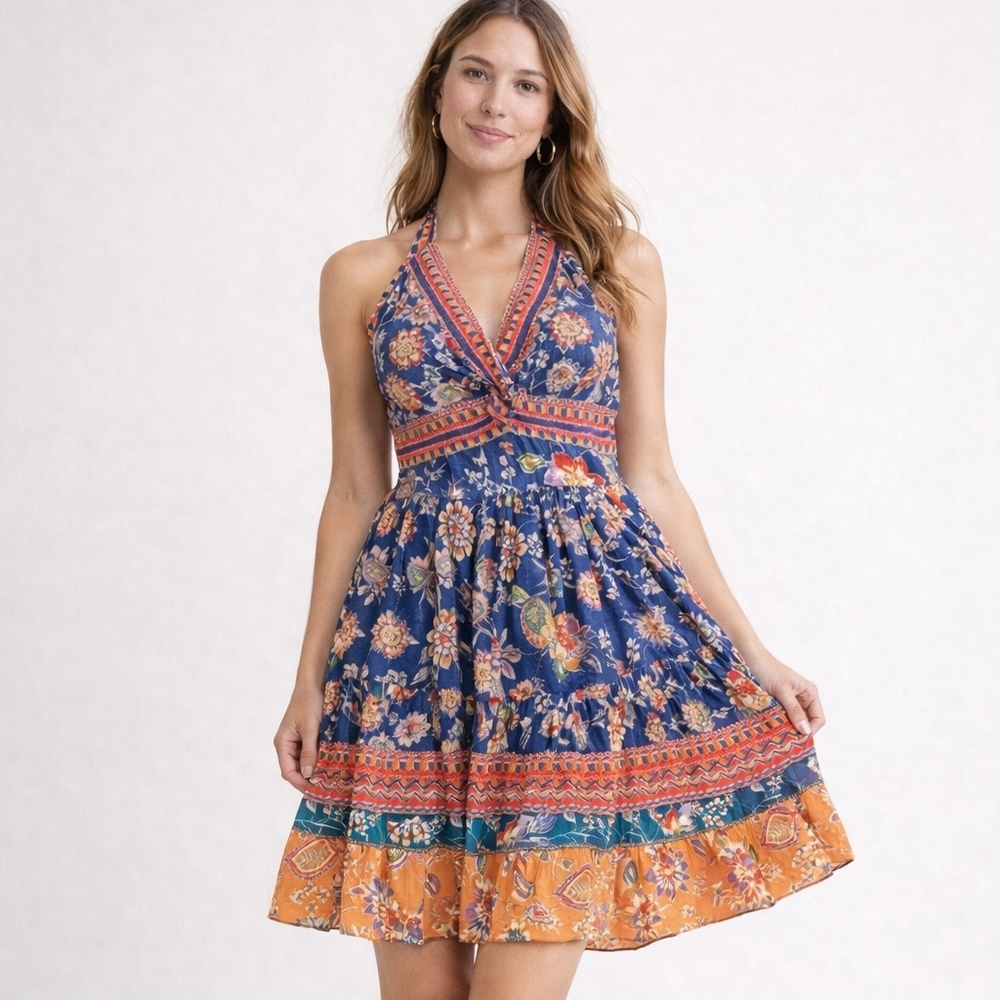 Boho Floral Halter Mini Dress Womens Small Blue Orange‎ Tiered Twist Front Boho
